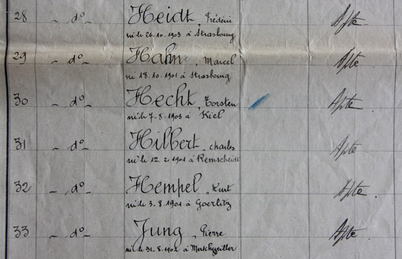 Extrait d'une liste manuscrire de ressortissants allemands internés au Camp de La Braconne en 1940.