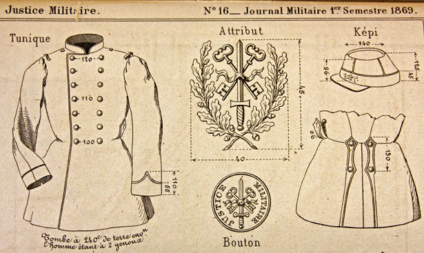 Détails de l'uniforme des sous-officiers de la Justice militaire selon les instructions du 31 mai 1869.