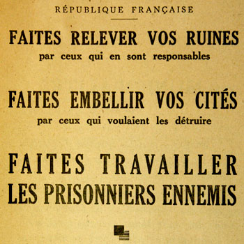 Texte figurant sur la couverture d'une brochure éditée par la préfecture de la Dordogne relative à l'emploi de la main composée des prisonniers de guerre allemands.