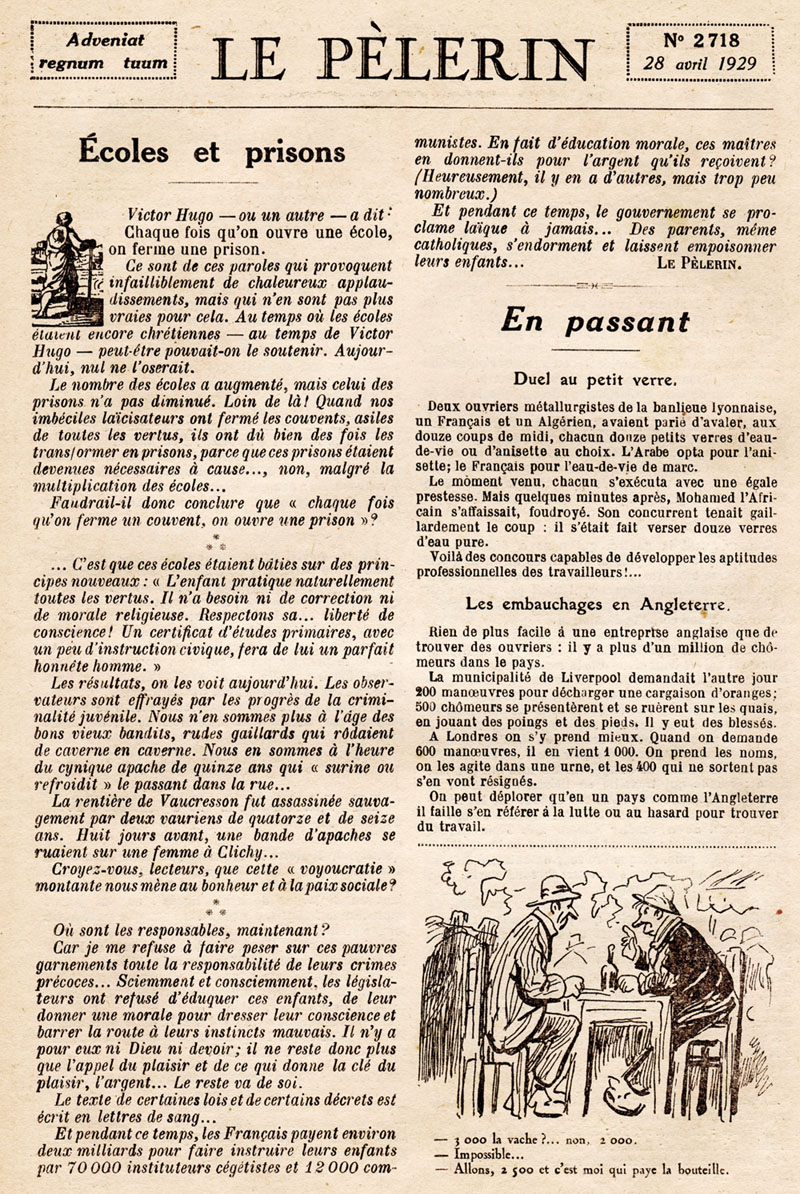 Ouvrir une école, c'est fermer une prison », citation revisitée par le  Pèlerin du 28 avril 1929 - Histoire pénitentiaire et Justice militaire